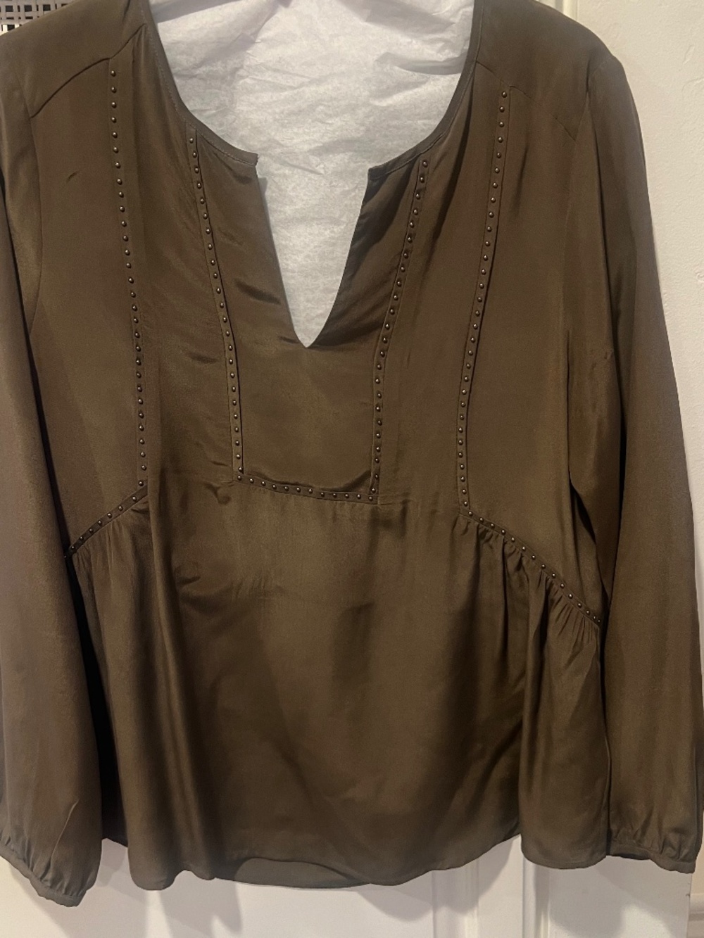 Ecru olive green silk blouse